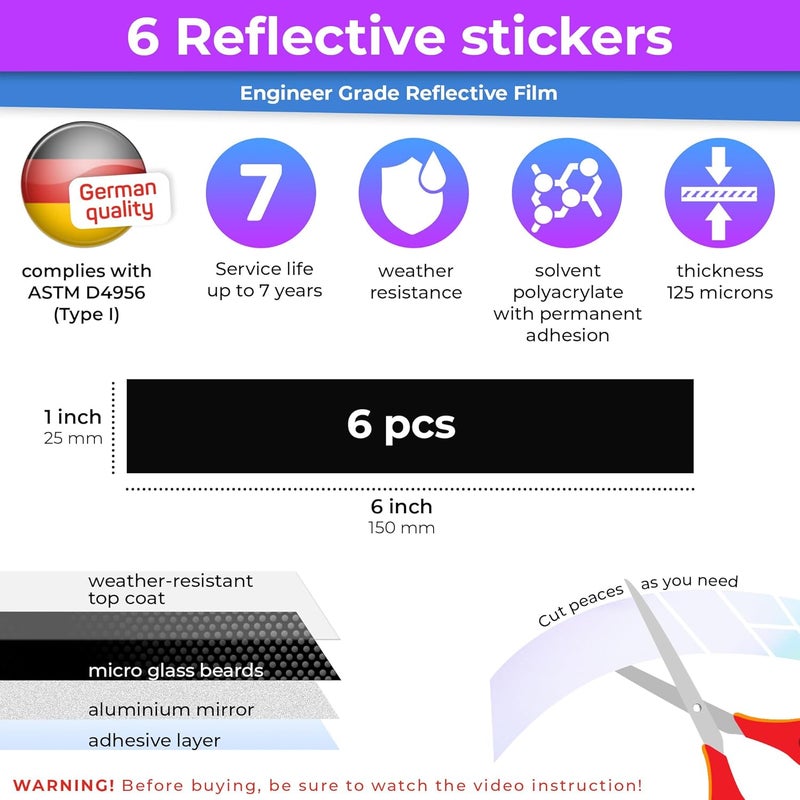 Loom Reflective Stickers for Helmet | 6pcs Engineer Black | Similar to 3M Reflective Tape | Bike Reflectors for Night Riding, Mailbox reflectors | Waterproof hi vis Decals for Car, Trailer - Image 3